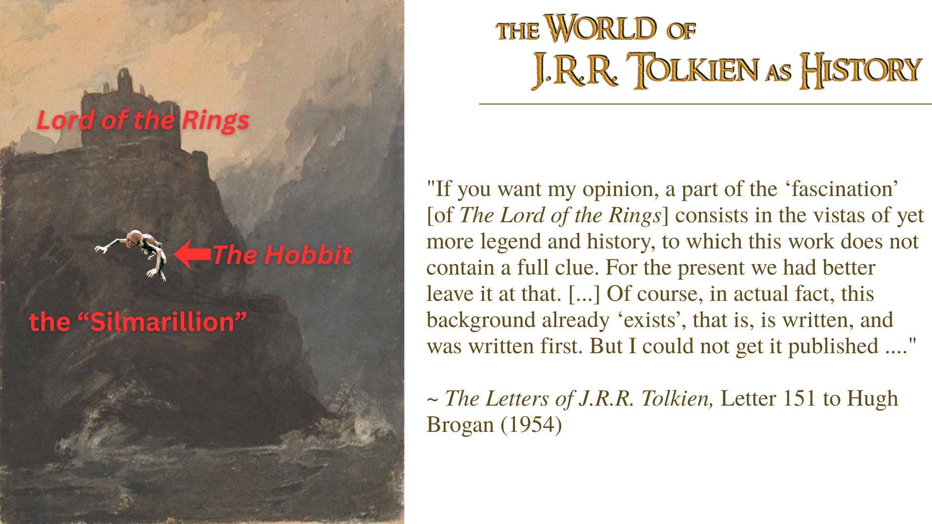 adds "The Hobbit" as a small image of Gollum clinging to the cliff face